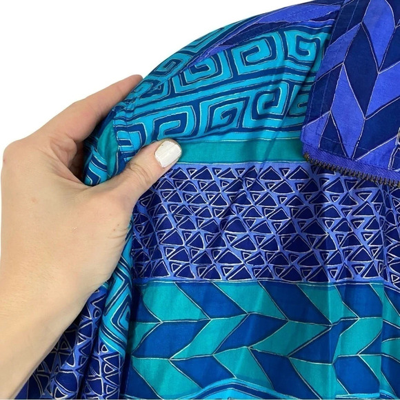 Vintage 80s 90s Silk Windbreaker Jacket Womens Medium Geometric Turquoise Blue - Picture 4 of 13